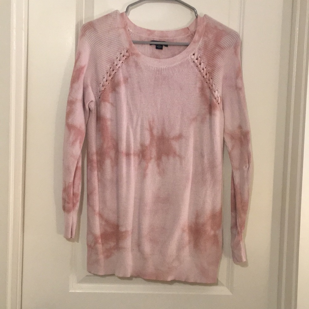 Pink tie-dye sweater with braid accents
